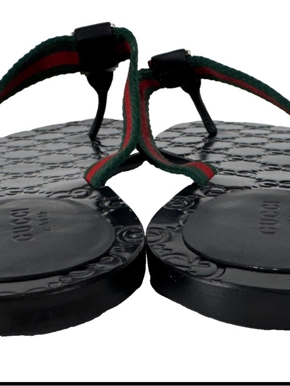 Gucci Black Leather Thong Sandals with Red and Green Web and Gold GG - Picture 10 of 15
